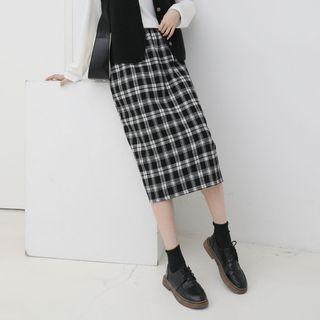 Plaid Midi Straight-fit Skirt Plaid - Black & White - One Size