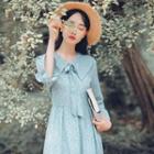 3/4-sleeve Floral Patterned Chiffon A-line Midi Dress