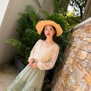 Long-sleeve V-neck Lace Top Almond - M