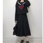 Set: Long-sleeve Sailor Collar Top + Midi A-line Pleated Skirt Set - Black - One Size