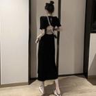 Open-back Slited Knit Midi Dress Black - One Size