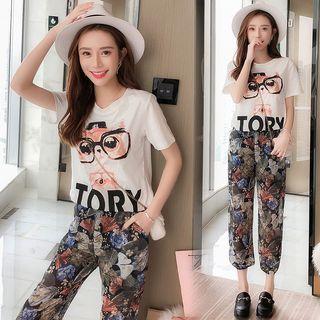 Set: Print Short-sleeve T-shirt + Chiffon Pants