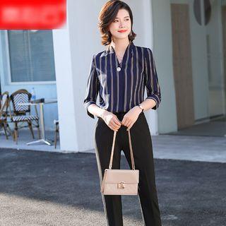 3/4-sleeve Striped Shirt / Dress Pants / Mini Fitted Skirt