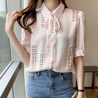 Elbow-sleeve Collared Ribbon Tie-neck Blouse