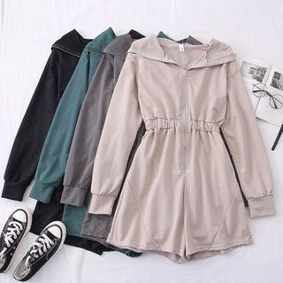 Elastic-waist Zipper Hooded Playsuit