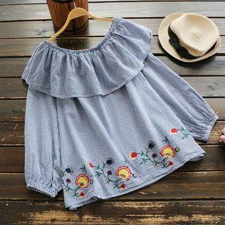 Long-sleeve Gingham Embroidery Ruffle Top