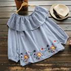 Long-sleeve Gingham Embroidery Ruffle Top