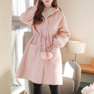 Hooded Pompom Tie-waist Knit Jacket Pink - One Size