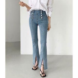 Button-trim Slit-front Boot-cut Jeans
