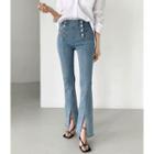 Button-trim Slit-front Boot-cut Jeans