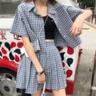 Set: Checked Short-sleeve Shirt + Pleated Skirt