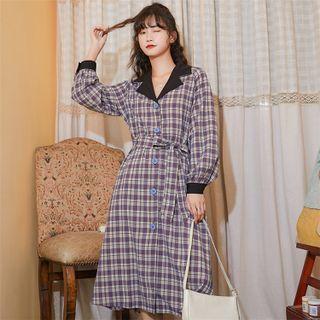 Notch Lapel Plaid Midi A-line Shirtdress