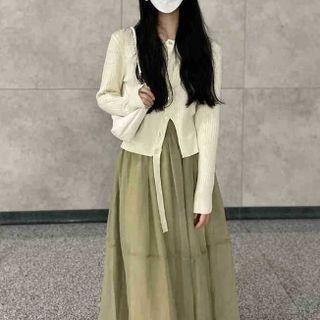 Set: Front-slit Cardigan + Midi A-line Skirt