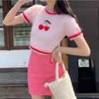 Cherry Embroidered Contrast Trim Crop Top / Mini Skirt