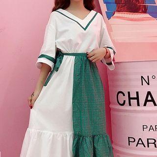 Set: 3/4-sleeve T-shirt Dress + Plaid Midi Shirt