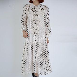 Ruffle-trim Dotted Long Dress Ivory - One Size