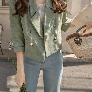 Double-breasted Plaid Crop Blazer Mint Green - One Size