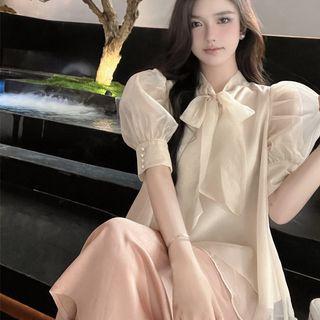 Puff-sleeve Bow-neck Blouse / Midi Mermaid Skirt