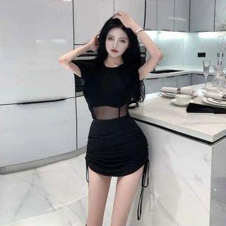Short-sleeve Mesh Panel Top / Mini Pencil Skirt / Set