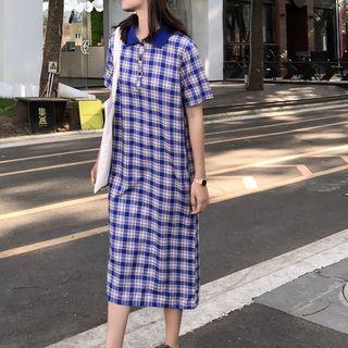 Check Short-sleeve Midi Polo Dress