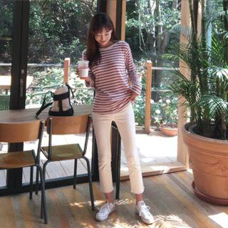 Long-sleeve Stripe T-shirt Pink - One Size