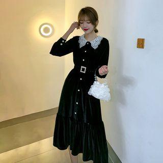 Long-sleeve Faux Pearl Lace Trim Midi A-line Dress