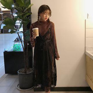 Set: Velvet Long-sleeve Dress + Spaghetti Strap Lace Dress
