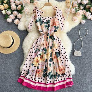 Dots Print Color Block Spaghetti-strap Dress