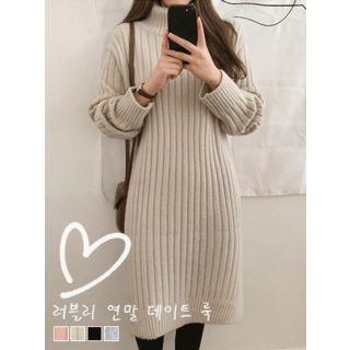 High-neck Midi Rib-knit Dress