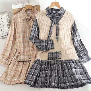 Set: Plaid Tie-neck Blouse + Cable-knit Sweater Vest + Crossbody Bag