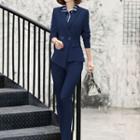 Set Of 3: Long-sleeve Striped Blouse + Double-breasted Blazer + Slim-fit Dress Pants