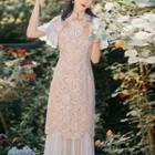 Mock-neck Two Tone Floral Button-up Lace Dress