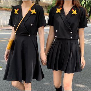 Double Breasted V-neck Short Sleeve Dress / Set: Double Breasted V-neck Short Sleeve Top + Pleated Skirt