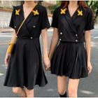 Double Breasted V-neck Short Sleeve Dress / Set: Double Breasted V-neck Short Sleeve Top + Pleated Skirt