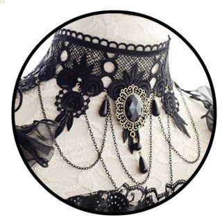 Faux Crystal Chain Layered Lace Choker Black - One Size