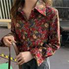 Long-sleeve Floral Print Corduroy Shirt Vintage Red - One Size