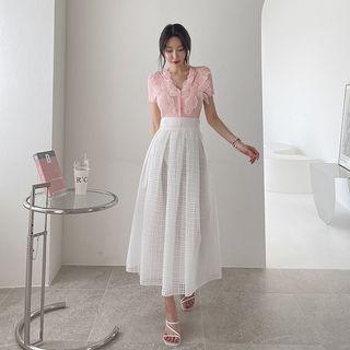 Invert-pleated Checked Long Skirt