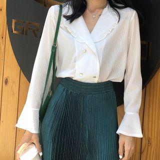 Plain Long-sleeve Blouse White - Blouse - One Size
