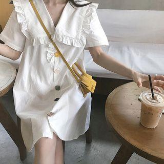 Frilled Single-breasted Short-sleeve Shift Dress