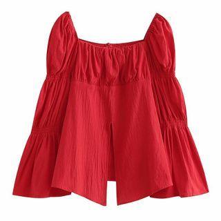 Puff-sleeve Square Neck Slit Blouse