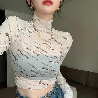 Long-sleeve Lettering Sheer Cropped T-shirt Off-white - One Size