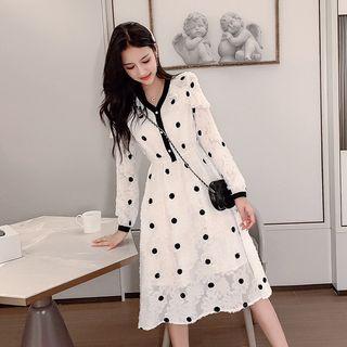Long-sleeve Polka Dot Lace A-line Midi Dress