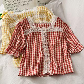 Lace-trim Checker Crop Blouse