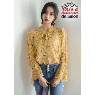Tie-neck Frilled Flora Chiffon Blouse