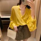 Plain Single-breasted Loose-fit Long-sleeve Blouse Yellow - One Size