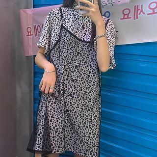 Short-sleeve Floral Print Mini Shirtdress / Spaghetti Strap Mini Mesh Dress