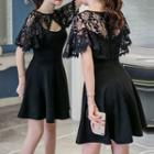 Short-sleeve Lace Panel Open Front A-line Dress