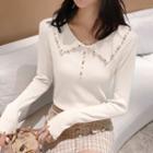Long-sleeve Beaded Knit Collared Top