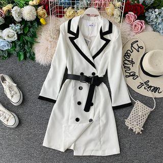 Long-sleeve Contrast Trim Double Breasted A-line Mini Dress