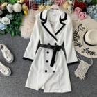 Long-sleeve Contrast Trim Double Breasted A-line Mini Dress